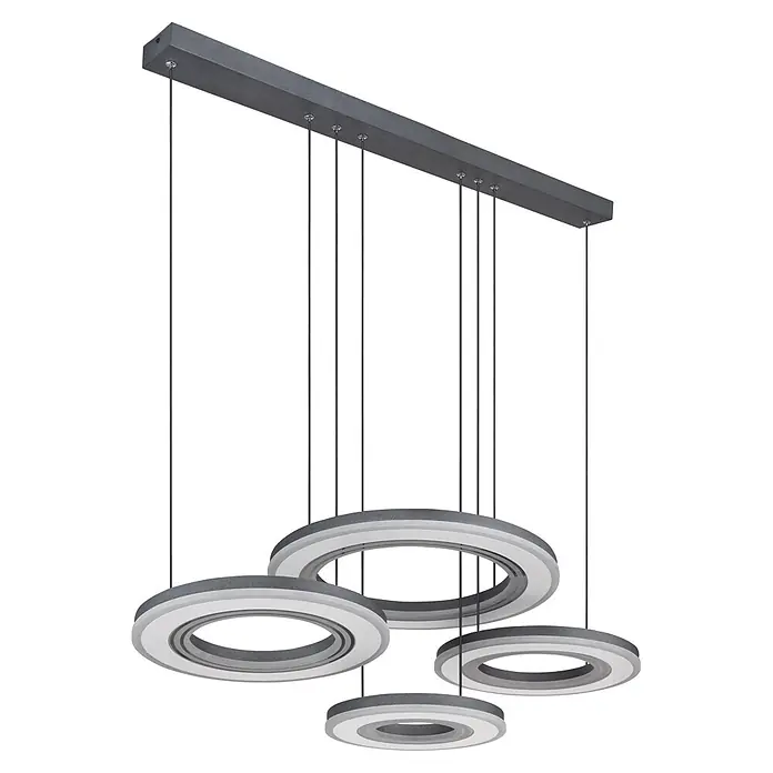 Globo LED-Pendelleuchte Blasius - 80 W, L x B x H: 1.000 x 500 x 1.200 mm - Moderne LED-Pendelleuchte mit rechteckiger dunkelgrauer Aufhängung und vier Ringen mit integrierten weißen Lichtern.