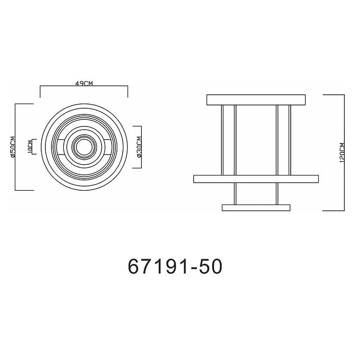 Globo LED-Pendelleuchte Blasius - 50 W, Ø x H: 50 x 120 cm - Technische Zeichnung einer runden Pendelleuchte: 50cm Durchmesser, 120cm Höhe. Draufsicht zeigt konzentrische Ringe, Seitenansicht zwei Plattformen und Stützstangen.