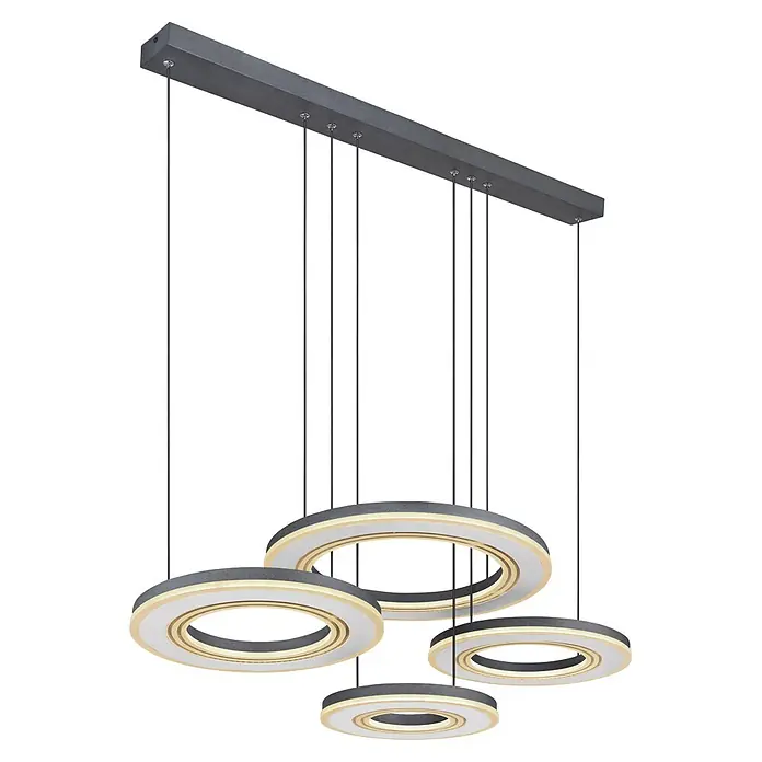 Globo LED-Pendelleuchte Blasius - 80 W, L x B x H: 1.000 x 500 x 1.200 mm - Moderne LED-Pendelleuchte mit linearer grauer Schiene und vier runden, grau-weiß-goldenen Lichtringen.