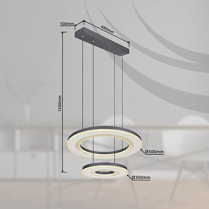 Globo LED-Pendelleuchte Blasius - 50 W, Ø x H: 50 x 120 cm - Moderne LED-Pendelleuchte mit zwei Ringen (Ø500mm, Ø300mm) in Dunkelgrau und Gold, an 490x100mm Deckenbalken. Gesamthöhe 1200mm.