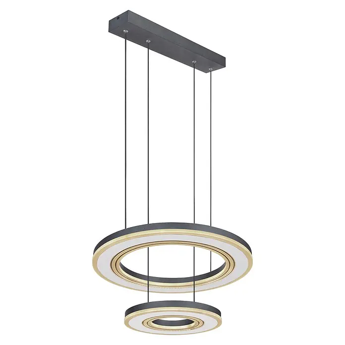 Globo LED-Pendelleuchte Blasius - 50 W, Ø x H: 50 x 120 cm - Moderne dunkelgraue Pendelleuchte mit goldfarbenen Akzenten und zwei konzentrischen beleuchteten Ringen an einer rechteckigen Stange.