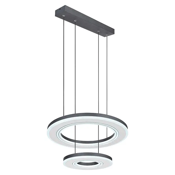 Globo LED-Pendelleuchte Blasius - 50 W, Ø x H: 50 x 120 cm - Moderne dunkelgraue LED-Pendelleuchte mit rechteckiger Deckenbefestigung und zwei schwebenden, konzentrischen beleuchteten Ringen.