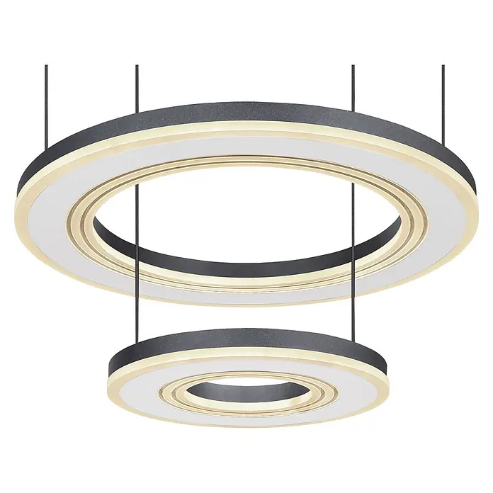Globo LED-Pendelleuchte Blasius - 50 W, Ø x H: 50 x 120 cm - Zwei moderne runde Pendelleuchten, dunkelgrau mit beleuchteten hellen Ringen, hängend.