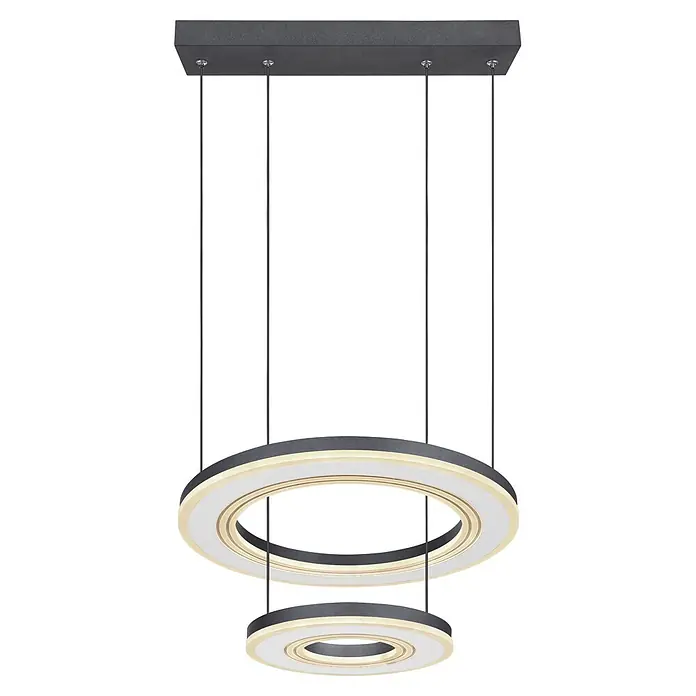 Globo LED-Pendelleuchte Blasius - 50 W, Ø x H: 50 x 120 cm - Moderne dunkelgraue gestufte Ring-LED-Pendelleuchte mit rechteckigem Deckenbaldachin, an dünnen Drähten hängend, warmes Licht abstrahlend.