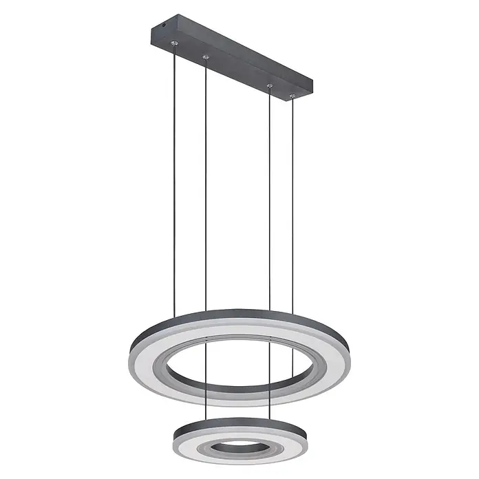 Globo LED-Pendelleuchte Blasius - 50 W, Ø x H: 50 x 120 cm - Moderne graue LED-Pendelleuchte mit rechteckiger Halterung und zwei hängenden kreisförmigen Lichtringen.