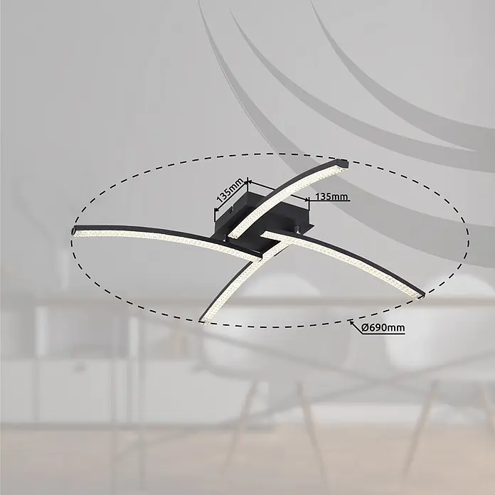 Globo LED-Deckenleuchte Jules - 24 W, L x B x H: 690 x 690 x 105 mm - Moderne schwarze LED-Deckenleuchte mit vier geschwungenen Armen, 690 mm Durchmesser und 135 mm Höhe. Mit hellen LED-Streifen.