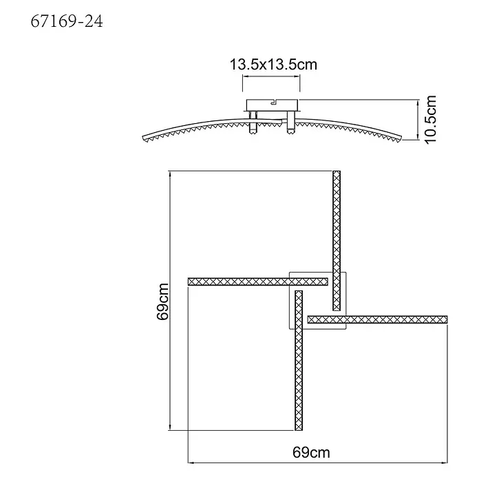 Globo LED-Deckenleuchte Jules - 24 W, L x B x H: 690 x 690 x 105 mm - Technische Zeichnung einer quadratischen LED-Deckenleuchte, 69x69cm, mit 13.5x13.5cm Basis und 10.5cm Höhe.