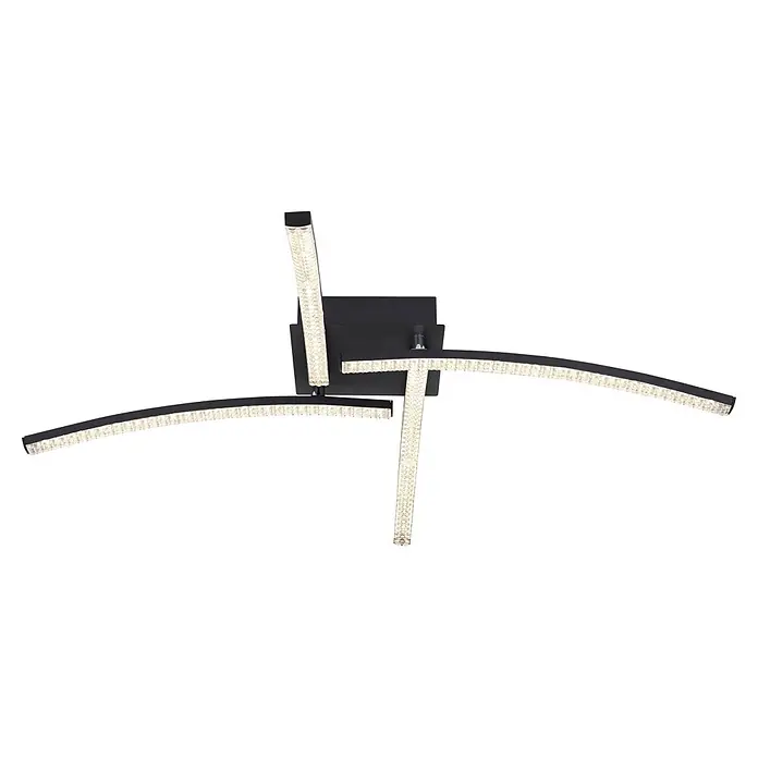 Globo LED-Deckenleuchte Jules - 24 W, L x B x H: 690 x 690 x 105 mm - Moderne schwarze Deckenleuchte mit drei gebogenen und geraden Armen, integrierten LEDs und Kristalleffekt-Diffusoren.