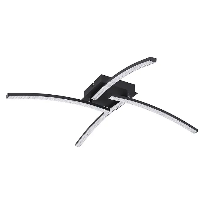 Globo LED-Deckenleuchte Jules - 24 W, L x B x H: 690 x 690 x 105 mm - Moderne schwarze Deckenleuchte mit vier geschwungenen Armen, klaren texturierten LED-Streifen und zentraler Basis.