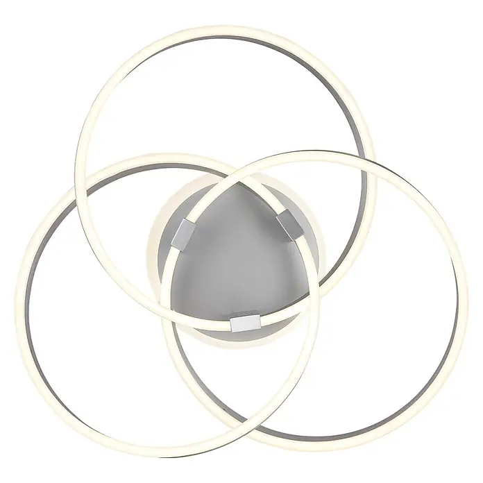 Globo LED-Deckenleuchte Herwig - 56 W, L x B x H: 600 x 575 x 200 mm - Moderne LED-Deckenleuchte mit drei ineinandergreifenden, leuchtenden Ringen und rundem grauen Sockel.