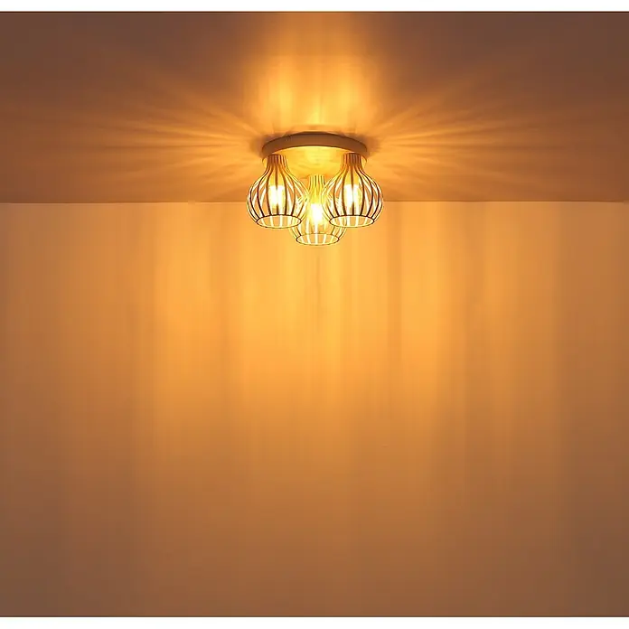 Globo Deckenleuchte Mateo - 40 W, Ø x H: 31 x 16,5 cm, E14 - Deckenleuchte mit drei Lampen und filigranen Holzschirmen, die warmes, radiales Licht werfen.