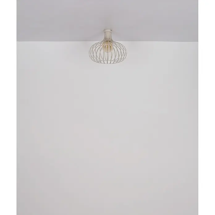 Globo Deckenleuchte Mateo - 60 W, Ø x H: 40 x 35 cm, E27 - Deckenleuchte aus hellbeigem Metallgeflecht mit bernsteinfarbener Glühbirne.