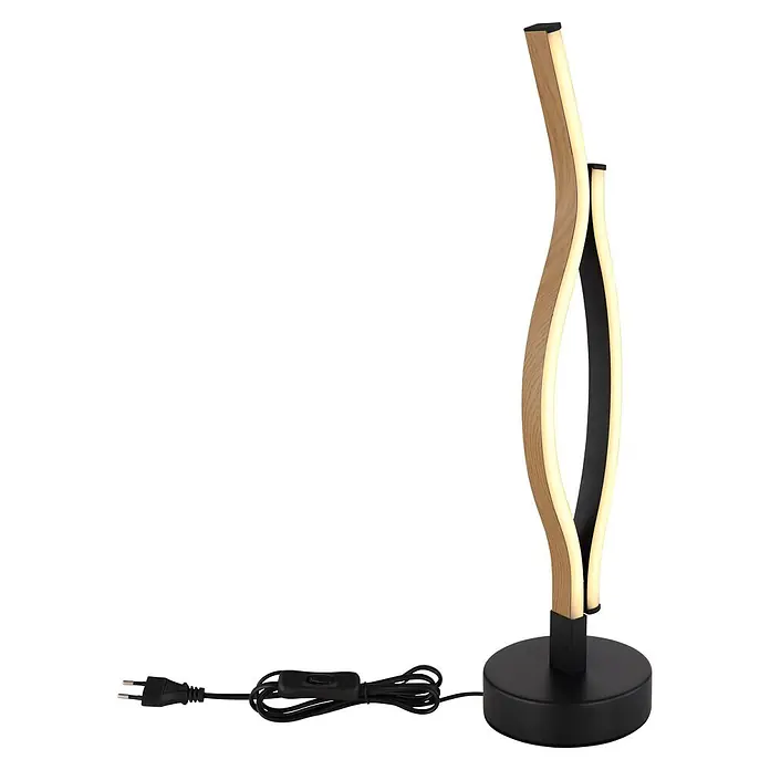 Globo LED-Tischleuchte Geronimo - 12 W, Höhe: 470 mm, Warmweiß - Moderne LED-Lampe mit gewelltem Naturholz-Design, schwarzem Rundfuß und leuchtendem Licht. Inklusive schwarzem Kabel mit Schalter.