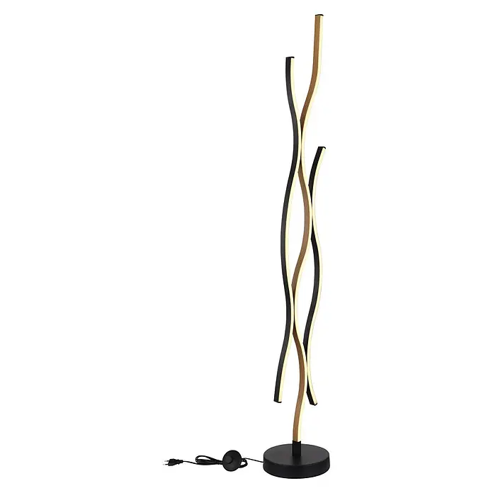 Globo LED-Deckenfluter Geronimo - 28 W, Höhe: 1.350 mm - Schwarze und hellholzfarbene gewellte LED-Stehlampe mit Fußschalter.
