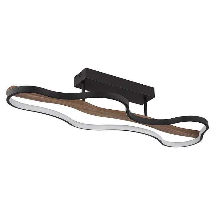 Globo LED-Deckenleuchte Bezzy - 30 W, L x B x H: 806 x 290 x 150 mm, Warmweiß - Moderne gewellte LED-Deckenleuchte aus schwarzem Metall mit Holzdekor.