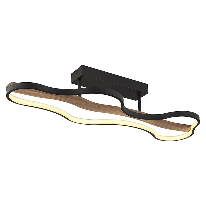Globo LED-Deckenleuchte Bezzy - 30 W, L x B x H: 806 x 290 x 150 mm, Warmweiß - Moderne LED-Deckenleuchte mit wellenförmigen Elementen aus schwarzem Metall und hellem Holz.