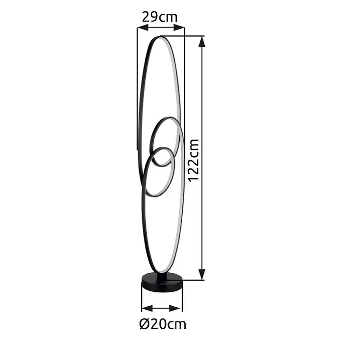 Globo LED-Deckenfluter Spira - 39 W, Höhe: 1.220 mm - Schwarze moderne LED-Stehleuchte mit verschlungenen ovalen Ringen und rundem Sockel.
