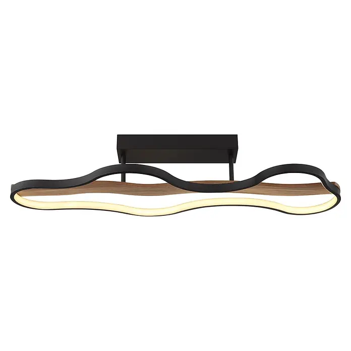 Globo LED-Deckenleuchte Bezzy - 30 W, L x B x H: 806 x 290 x 150 mm, Warmweiß - Moderne wellenförmige LED-Deckenleuchte mit schwarzem Metallrahmen und Holzoptik-Akzent.