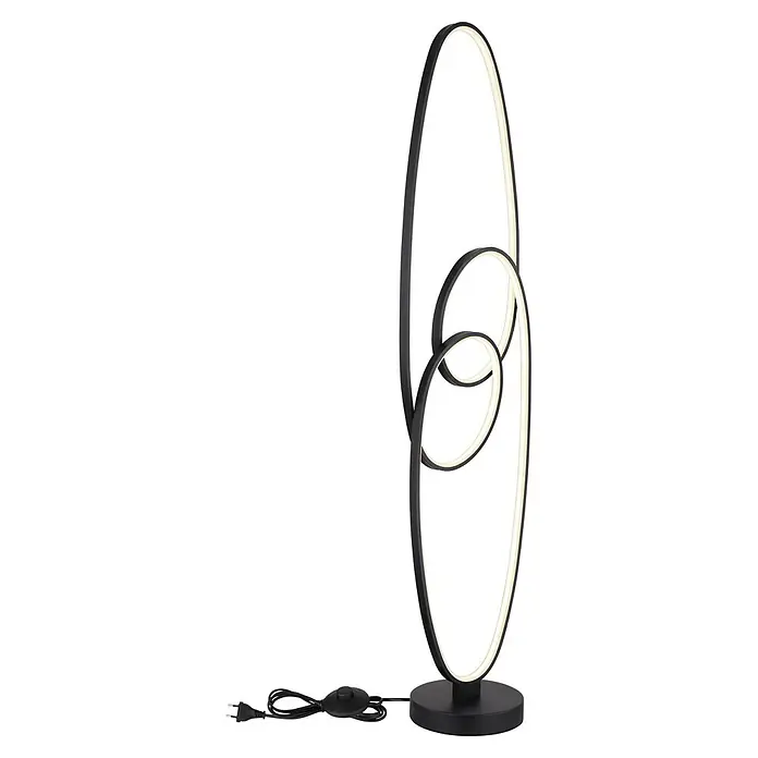 Globo LED-Deckenfluter Spira - 39 W, Höhe: 1.220 mm - Moderne schwarze LED-Stehleuchte mit ineinandergreifenden ovalen Lichtringen und Fußschalter.