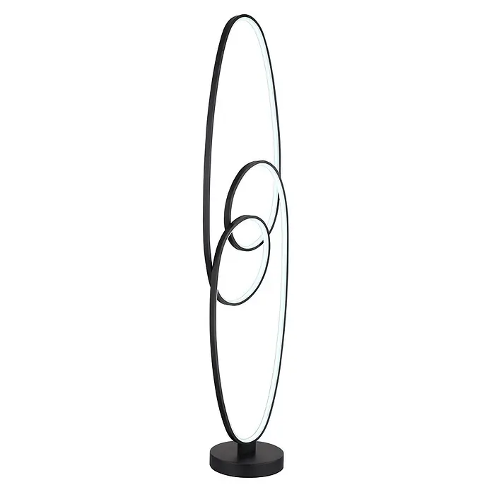 Globo LED-Deckenfluter Spira - 39 W, Höhe: 1.220 mm - Moderne schwarze LED-Lampe mit zwei verschlungenen Ovalformen, weißen Lichtstreifen und rundem schwarzen Sockel.