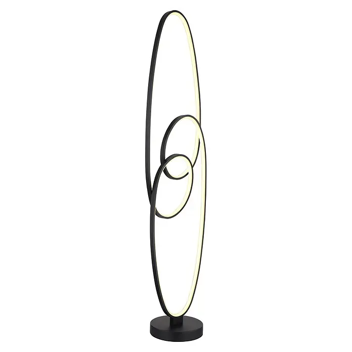 Globo LED-Deckenfluter Spira - 39 W, Höhe: 1.220 mm - Moderne schwarze LED-Stehleuchte mit zwei ineinander verschlungenen leuchtenden elliptischen Ringen auf rundem Sockel.