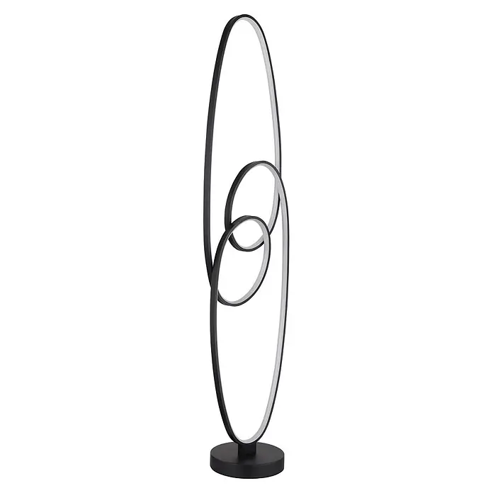 Globo LED-Deckenfluter Spira - 39 W, Höhe: 1.220 mm - Moderne schwarze LED-Leuchte mit verschlungenen ovalen Ringen und weißen Lichtdiffusoren auf rundem Sockel.