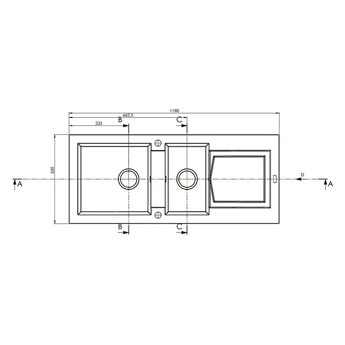 Carea Einbauspüle Katla - 118 x 50 cm, Betongrau - Technische Zeichnung einer Spüle mit Abtropffläche, die die Abmessungen und Details des Produkts zeigt.