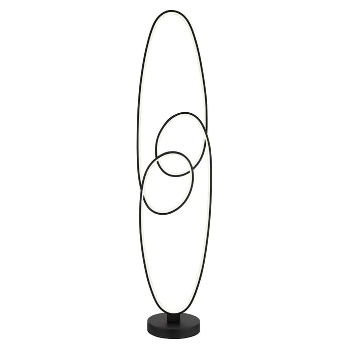 Globo LED-Deckenfluter Spira - 39 W, Höhe: 1.220 mm - Moderne schwarze Stehleuchte mit verbundenen ovalen LED-Lichtringen auf rundem Sockel.