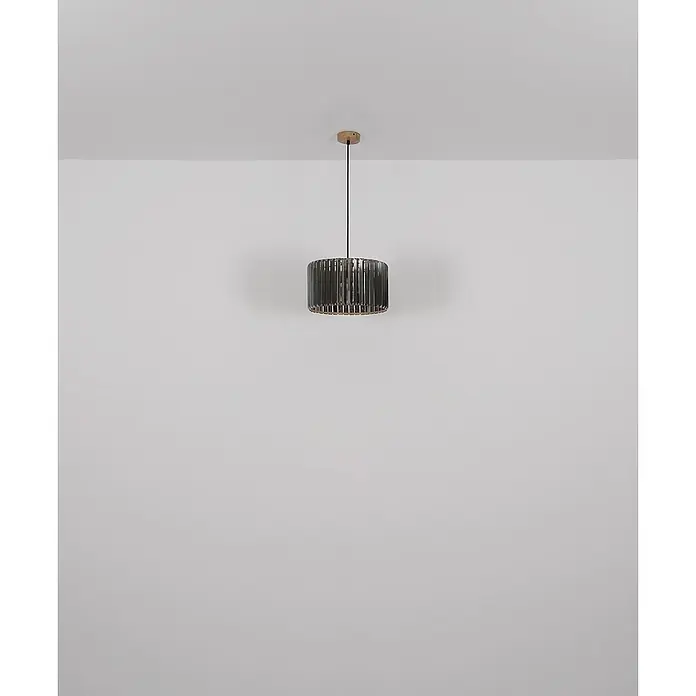 Globo Stehleuchte Run - 60 W, Höhe: 150 cm, E27 - Runde Deckenleuchte aus Holz mit zylindrischem Schirm aus dunklem, geriffeltem Glas.