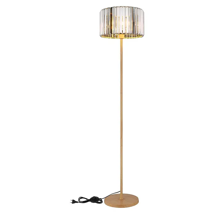 Globo Stehleuchte Run - 60 W, Höhe: 150 cm, E27 - Eine hohe Stehlampe mit hellem Holzständer und -fuß, einem zylindrischen Schirm aus facettierten Kristallen mit Goldakzenten, warmes Licht ausstrahlend.
