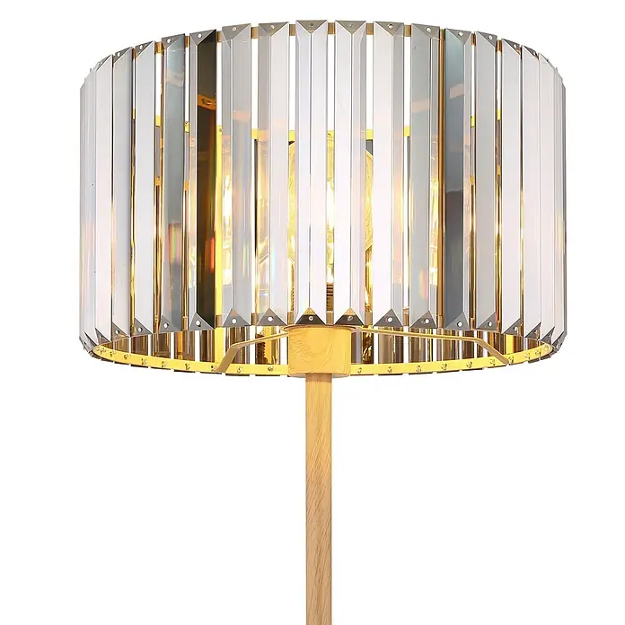 Globo Stehleuchte Run - 60 W, Höhe: 150 cm, E27 - Moderne Stehleuchte mit zylindrischem Kristallschirm, goldenen Akzenten und hellem Holzfuß, warm leuchtend.