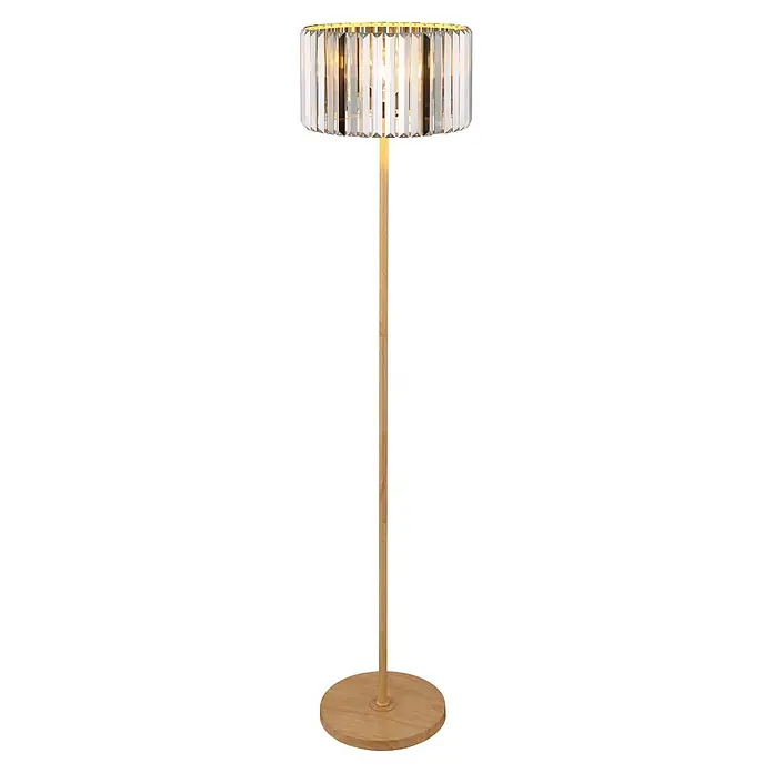 Globo Stehleuchte Run - 60 W, Höhe: 150 cm, E27 - Moderne Stehlampe mit zylindrischem Kristallschirm und hellem Holzständer mit runder Basis.