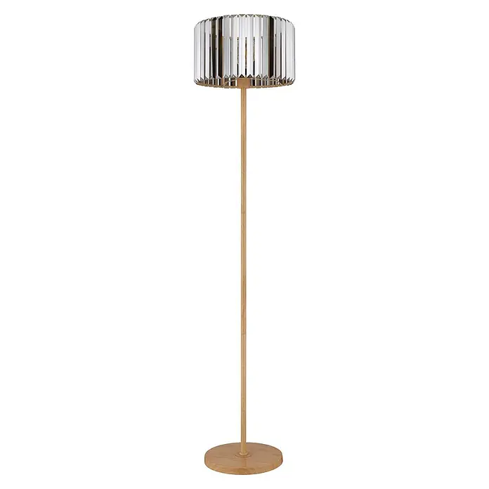 Globo Stehleuchte Run - 60 W, Höhe: 150 cm, E27 - Moderne Stehlampe mit hellem Holzständer und -fuß, zylindrischem Facettenschirm.
