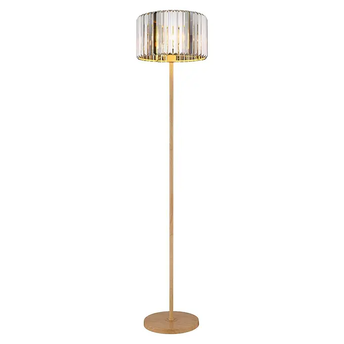 Globo Stehleuchte Run - 60 W, Höhe: 150 cm, E27 - Elegante Stehlampe mit facettiertem Kristallschirm und hellem Holzständer mit rundem Fuß.