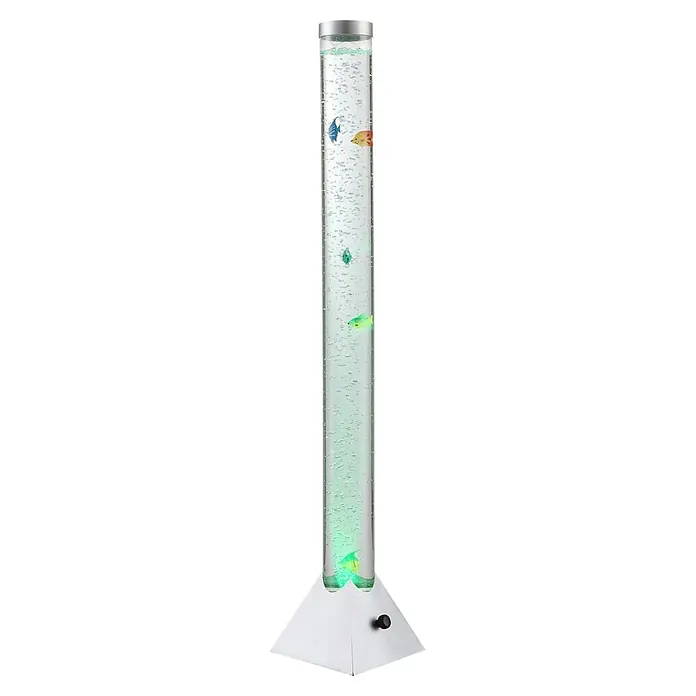 Globo LED-Stehleuchte Mendoza - 0,06 W, Höhe: 1.200 mm - Hohe Blasensäule mit transparentem Zylinder, schwebenden Kunstfischen und weißem Sockel.