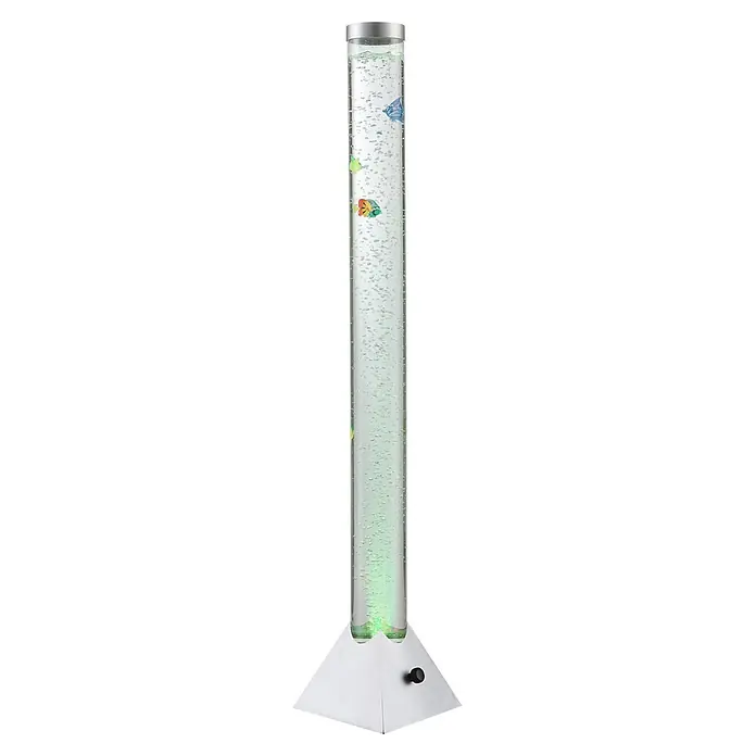 Globo LED-Stehleuchte Mendoza - 0,06 W, Höhe: 1.200 mm - Hohe, klare Blasenröhrenlampe mit internen Blasen, bunten schwimmenden Fischen und einem weißen Pyramidenfuß, die grünes Licht abgibt.