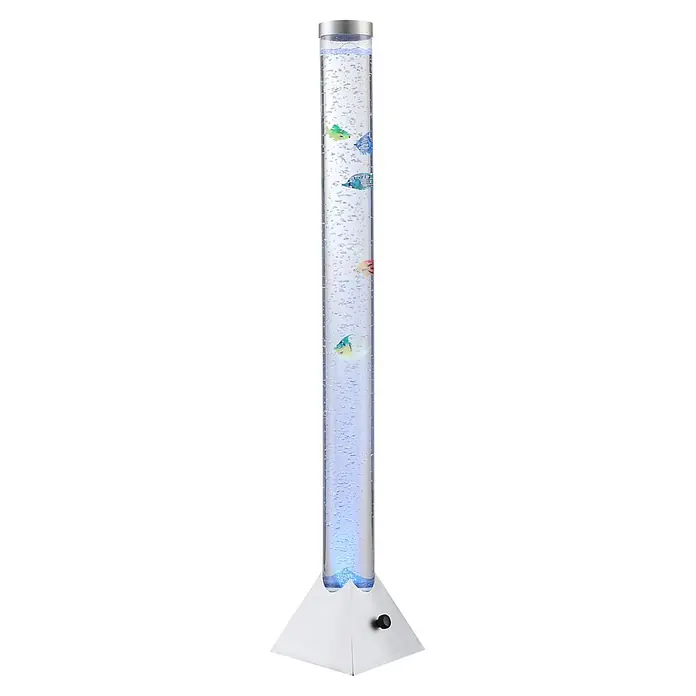 Globo LED-Stehleuchte Mendoza - 0,06 W, Höhe: 1.200 mm - Hohe klare Blasensäule mit bunten Plastikfischen, silbernem Deckel und weißem Pyramidenfuß, blau leuchtend.
