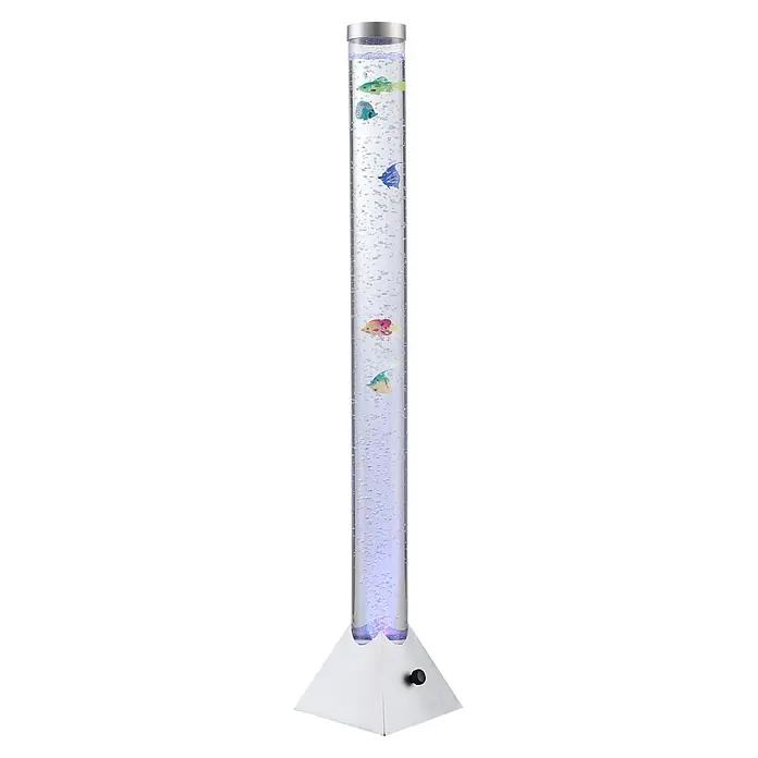 Globo LED-Stehleuchte Mendoza - 0,06 W, Höhe: 1.200 mm - Hohe, klare Sprudelsäule mit bunten Schwimmfischen und einem weißen Pyramidenfuß. Mit violettem Licht beleuchtet.