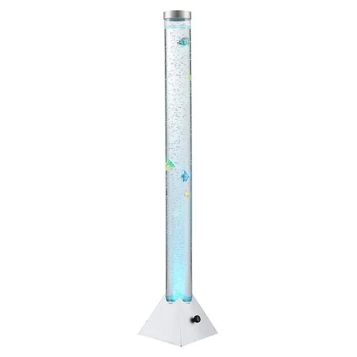 Globo LED-Stehleuchte Mendoza - 0,06 W, Höhe: 1.200 mm - Hohe, transparente Sprudelsäule mit bunten Schwimmfischen und weißem Sockel, blau beleuchtet.