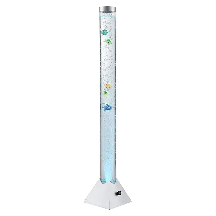 Globo LED-Stehleuchte Mendoza - 0,06 W, Höhe: 1.200 mm - Hohe, klare Sprudelsäule mit schwebenden Kunstfischen und aufsteigenden Bläschen auf weißem Sockel mit Drehregler und blauem Licht.