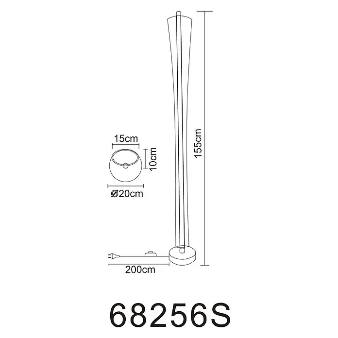 Globo LED-Stehleuchte Malinda - 48 W, Höhe: 1.550 mm - Technisches Datenblatt einer 155 cm hohen Stehleuchte mit schlankem Design und 200 cm langem Kabel.