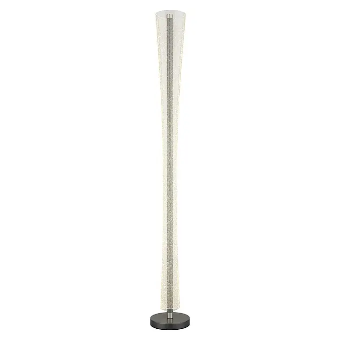Globo LED-Stehleuchte Malinda - 48 W, Höhe: 1.550 mm - Hohe moderne Stehleuchte mit klarem, texturiertem Schirm, zentraler glitzernder Säule und dunklem Rundfuß.