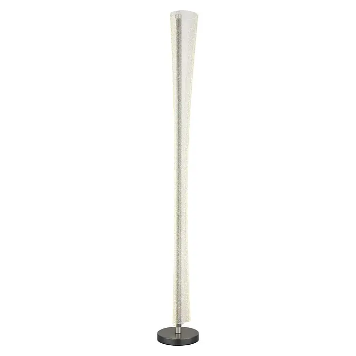 Globo LED-Stehleuchte Malinda - 48 W, Höhe: 1.550 mm - Hohe moderne Stehlampe mit strukturierter, blasiger klarer Acrylhülle, silberner Innenstange und rundem dunklem Sockel.