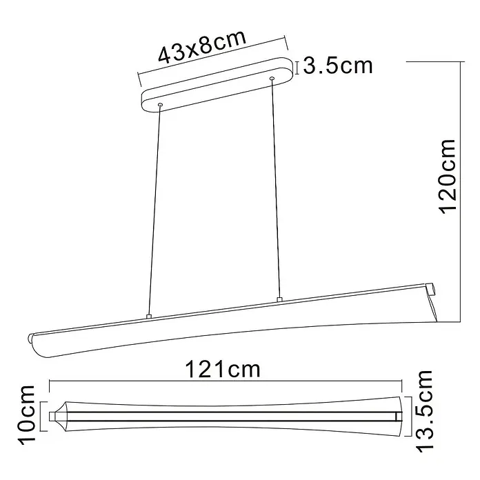Globo LED-Pendelleuchte rund Malinda - 36 W, Ø x H: 1.210 cm x 1.200 mm - Technische Zeichnung einer linearen Pendelleuchte mit Maßen. Sie hat einen 121cm langen, konischen Korpus, der an Kabeln von einem 43x8cm Baldachin hängt.