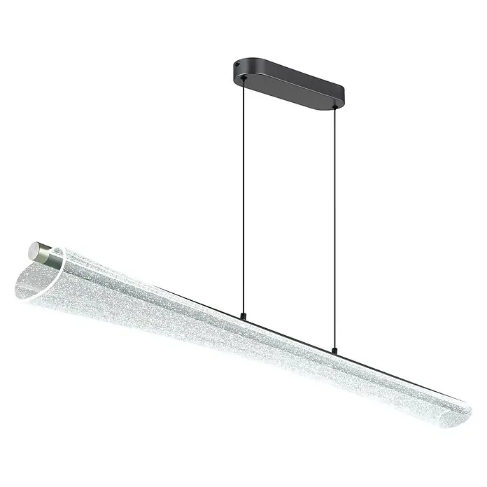 Globo LED-Pendelleuchte rund Malinda - 36 W, Ø x H: 1.210 cm x 1.200 mm - Rechteckige, dunkelgraue Pendelleuchte mit einer langen, mattierten Röhrenlampe, aufgehängt an dünnen schwarzen Drähten.