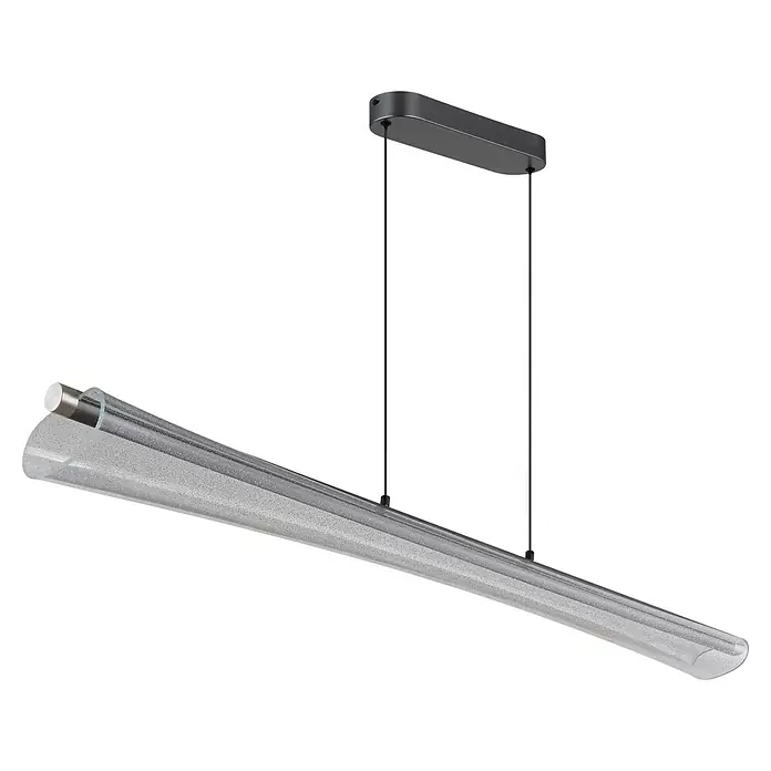 Globo LED-Pendelleuchte rund Malinda - 36 W, Ø x H: 1.210 cm x 1.200 mm - Eine moderne lineare Pendelleuchte mit dunkelgrauer rechteckiger Deckenhalterung, die eine lange, konische, transparente Röhre mit glitzerndem LED-Lichtelement aufhängt.