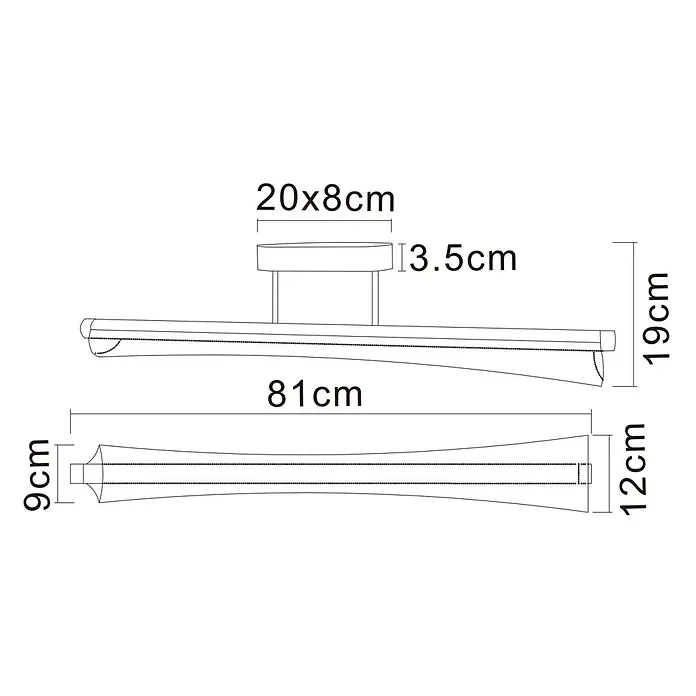 Globo LED-Deckenleuchte Malinda - 28 W, L x B x H: 810 x 120 x 190 mm - Technische Zeichnung einer linearen Wandleuchte mit konischem Design und Maßen.