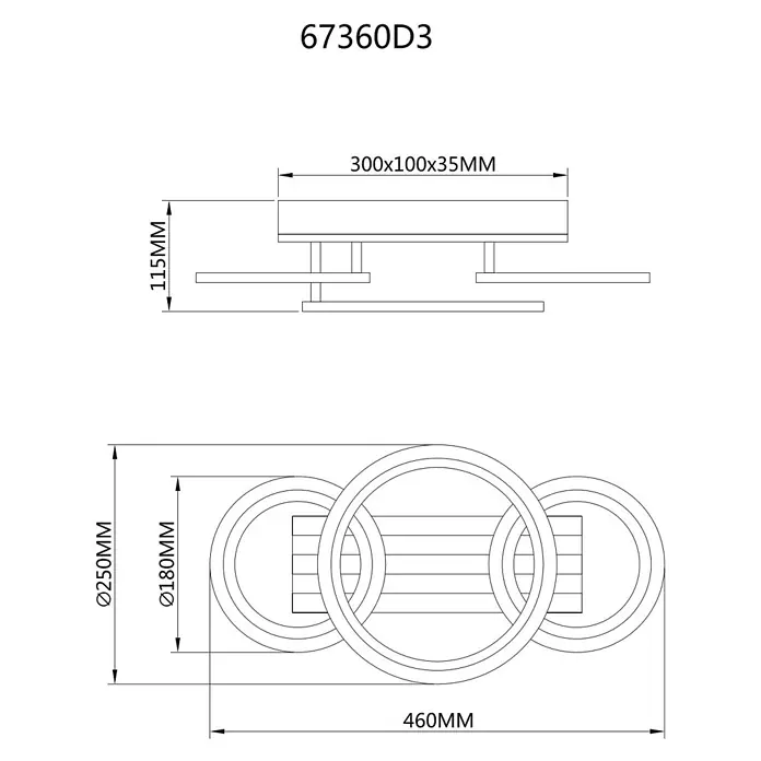 Globo LED-Deckenleuchte Blevins - 21 W, L x B x H: 460 x 250 x 115 mm - Technische Zeichnung einer 460x115mm Leuchte mit rechteckiger Basis und drei verbundenen Ringen, je Ø250mm Außendurchmesser.