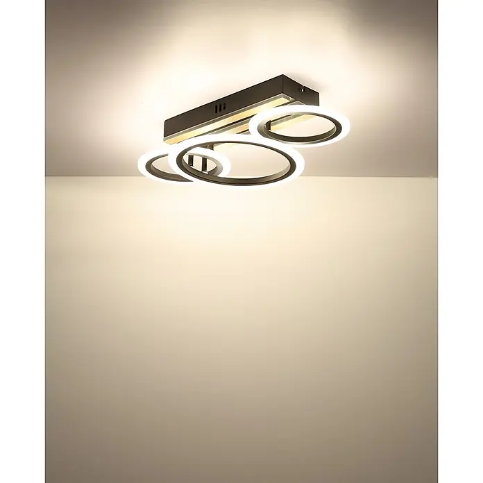 Globo LED-Deckenleuchte Blevins - 21 W, L x B x H: 460 x 250 x 115 mm - Moderne schwarze LED-Deckenleuchte mit rechteckigem Sockel und mehreren beleuchteten, ineinandergreifenden Ringen.