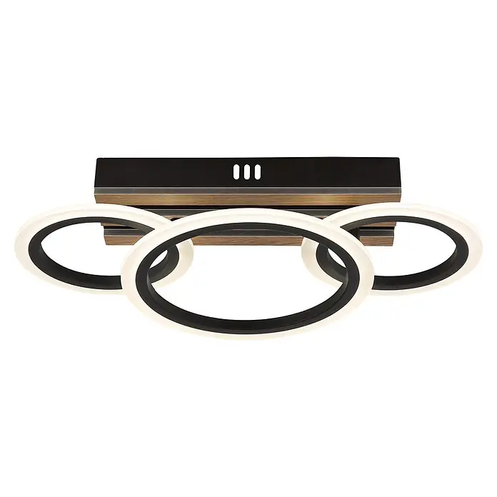 Globo LED-Deckenleuchte Blevins - 21 W, L x B x H: 460 x 250 x 115 mm - Moderne Deckenleuchte mit schwarzem und Holzsockel und drei beleuchteten, ineinandergreifenden weißen Ringen.